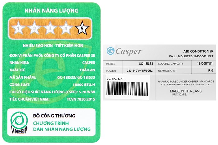 Điều Hòa Casper Inverter 18000 BTU 2 Chiều GH-18IS33